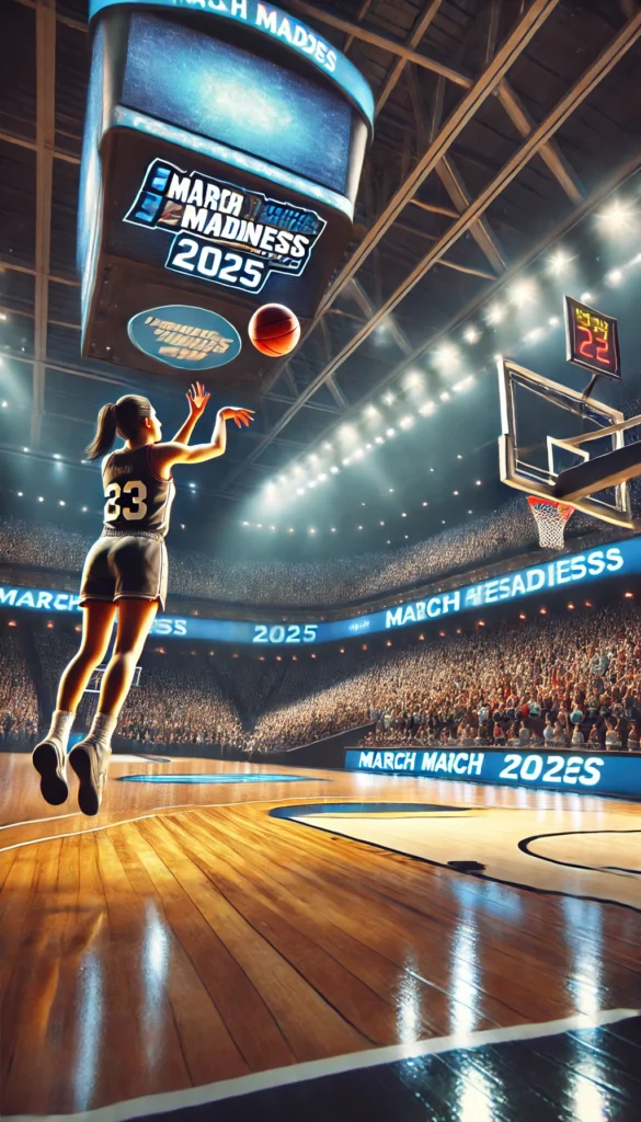 Female basketball player shooting a jump shot during a game.