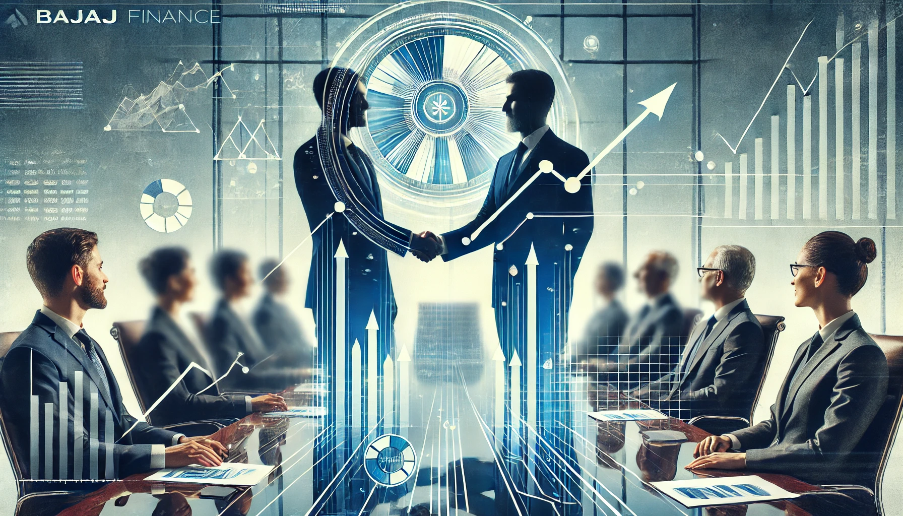 Leadership transition at Bajaj Finance with executives shaking hands