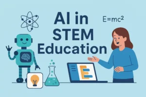 Teacher guiding students on a laptop using an AI-based coding game in a colorful classroom.