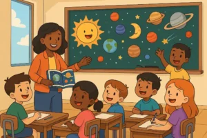 happy classroom with multicultural students learning about space