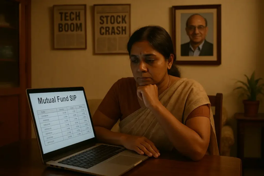 “Suman, a retired school teacher from Indore, quietly reviews her Mutual Fund SIP statement, her journey shaped by years of disciplined investing. Behind her, headlines of past market chaos—‘Tech Boom’ and ‘Stock Crash’—remind her of lessons learned.