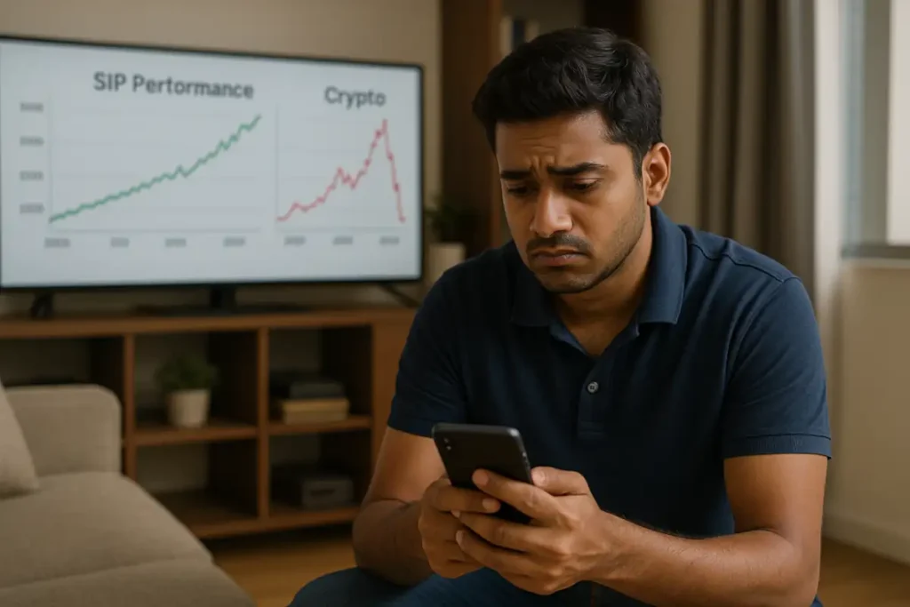 A young Indian man in a modern apartment looks regretful while checking his phone. A chart of his SIP performance in the background contrasts with a sharp drop in crypto returns.
